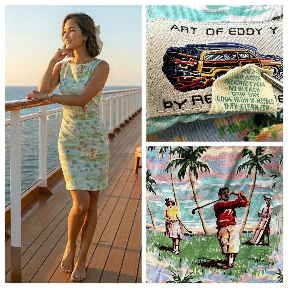 Vtg Reyn Spooner Dress Art of Eddy Y Golf Novelty Woodie Label Collectible Small
